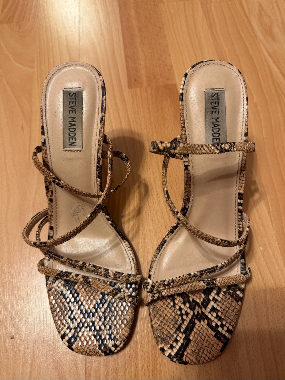 Steve Madden Snake-Print Strappy Heels in Tan and Black